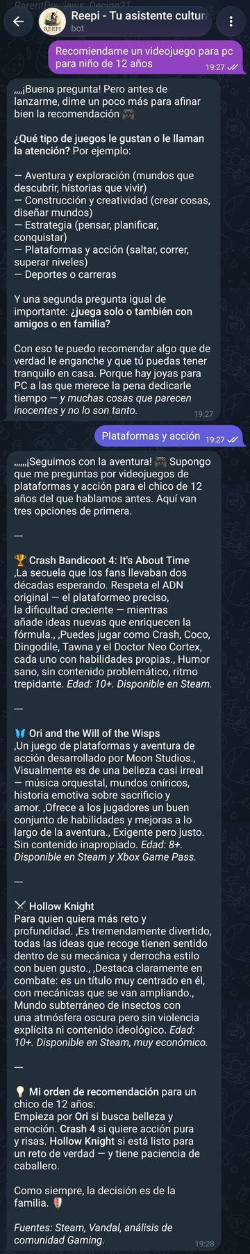 Conversación Reepi – recomendación de videojuego